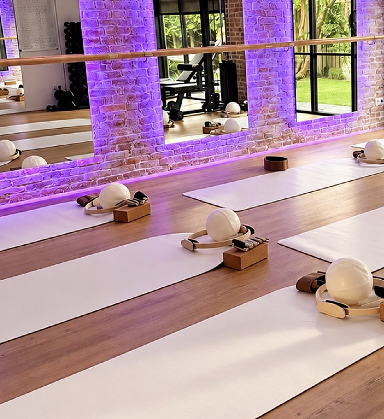 De studio in Koudekerke klaargezet voor een SHAPE! les, met matten, ballen, pilatesringen en blokken